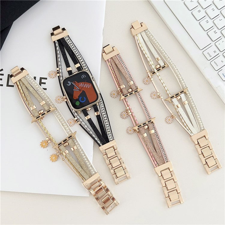 For Apple Watch Series 10 46mm / Ultra 2 Ultra 49mm / Series 9 8 7 45mm / 6 5 4 SE (2023) SE (2022) SE 44mm / 3 2 1 42mm Metal Leather Strap Flower Pendant Bracelet Watch Band - Gold