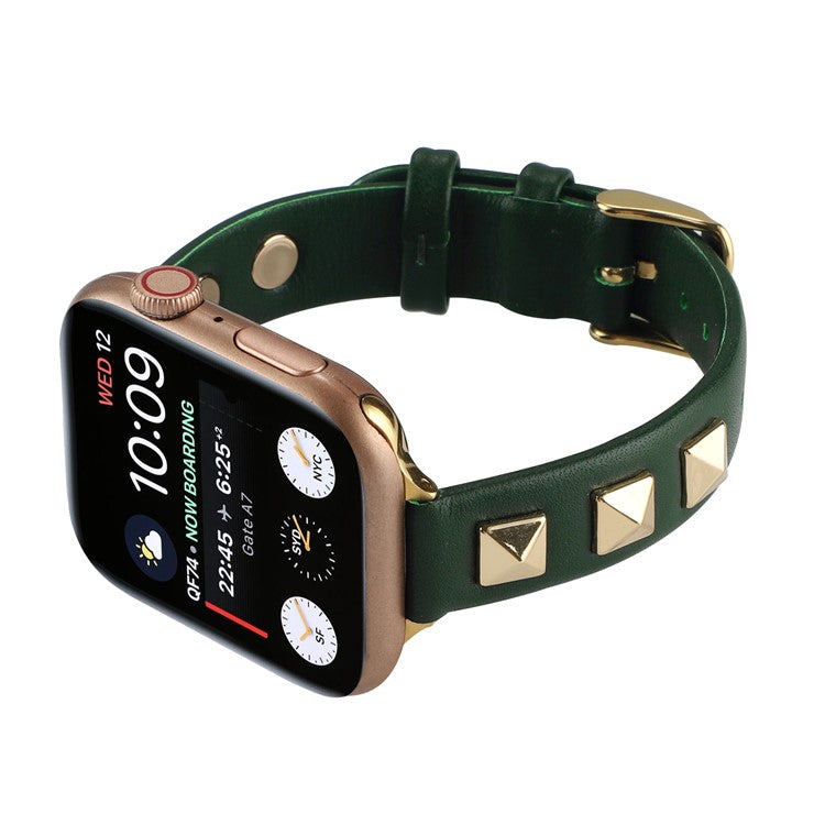 For Apple Watch Series 10 46mm / Ultra 2 Ultra 49mm / Series 9 8 7 45mm / 6 5 4 SE (2023) SE (2022) SE 44mm / 3 2 1 42mm Smartwatch Strap Genuine Leather Band - Blackish Green