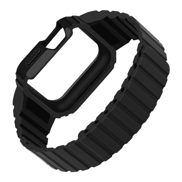 For Apple Watch Ultra 49mm Watch Band Magnetic Silicone Strap with Protective Watch Case - Black