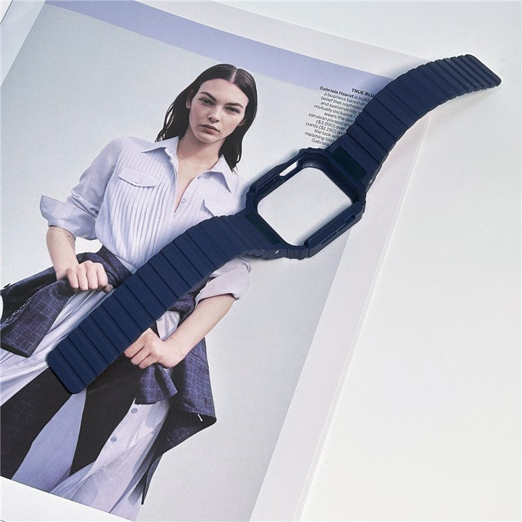 For Apple Watch Ultra 49mm Watch Band Magnetic Silicone Strap with Protective Watch Case - Black