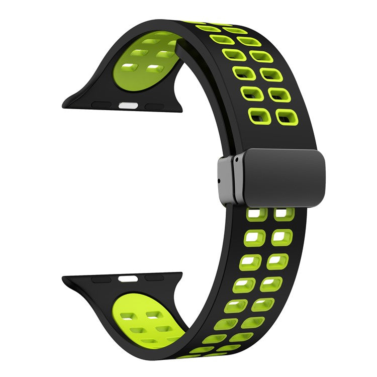 Silicone Band for Apple Watch Series 10 46mm / Ultra 2 Ultra 49mm / Series 9 8 7 45mm / 6 5 4 SE (2023) SE (2022) SE 44mm / 3 2 1 42mm Magnetic Buckle Dual Color Strap - Black / Fluorescent Green