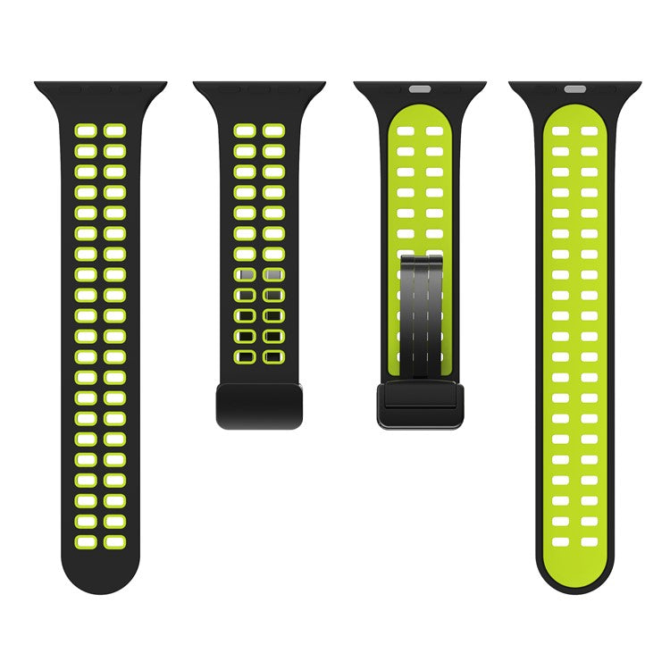Silicone Band for Apple Watch Series 10 46mm / Ultra 2 Ultra 49mm / Series 9 8 7 45mm / 6 5 4 SE (2023) SE (2022) SE 44mm / 3 2 1 42mm Magnetic Buckle Dual Color Strap - Black / Fluorescent Green