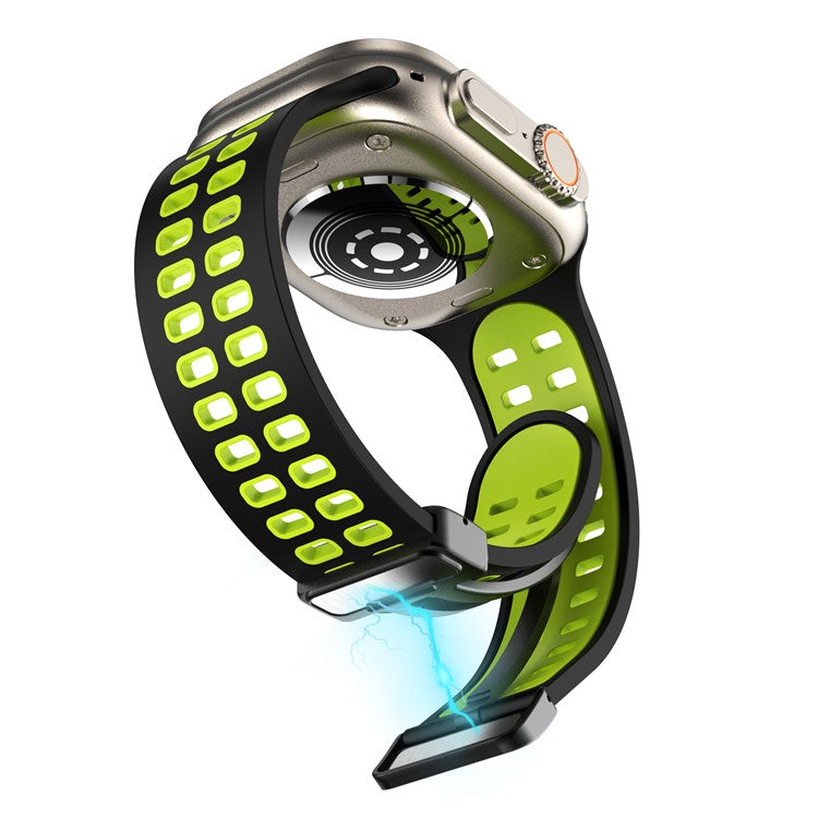 Silicone Band for Apple Watch Series 10 46mm / Ultra 2 Ultra 49mm / Series 9 8 7 45mm / 6 5 4 SE (2023) SE (2022) SE 44mm / 3 2 1 42mm Magnetic Buckle Dual Color Strap - Black / Fluorescent Green