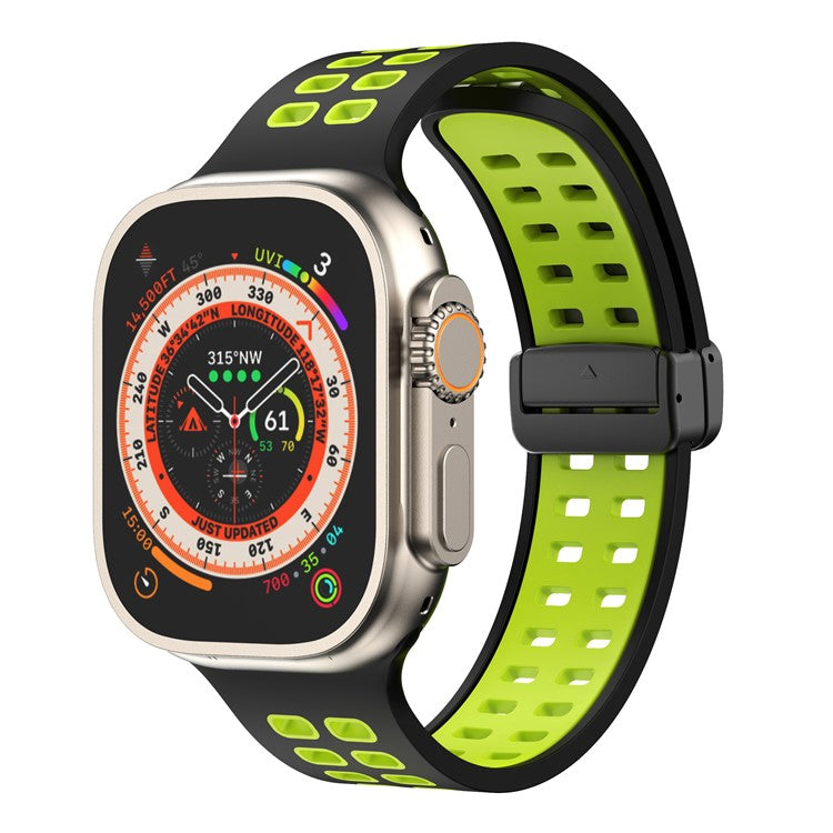 Silicone Band for Apple Watch Series 10 46mm / Ultra 2 Ultra 49mm / Series 9 8 7 45mm / 6 5 4 SE (2023) SE (2022) SE 44mm / 3 2 1 42mm Magnetic Buckle Dual Color Strap - Black / Fluorescent Green