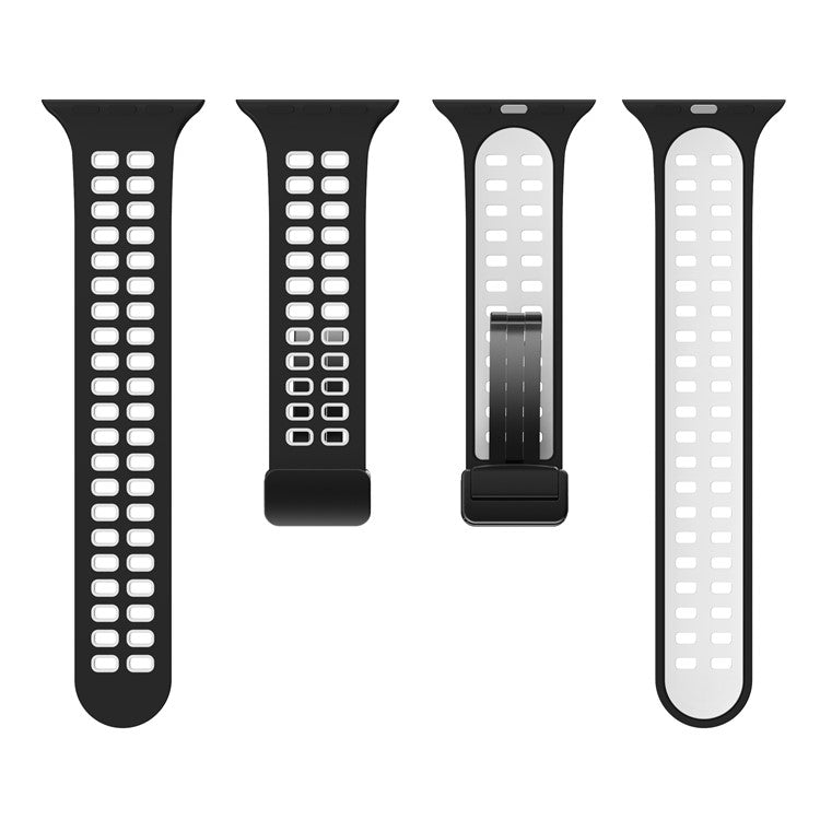 Silicone Watch Band for Apple Watch Series 10 46mm / Ultra 2 Ultra 49mm / Series 9 8 7 45mm / 6 5 4 SE (2023) SE (2022) SE 44mm / 3 2 1 42mm Magnetic Folding Buckle Dual Color Strap - Black / White