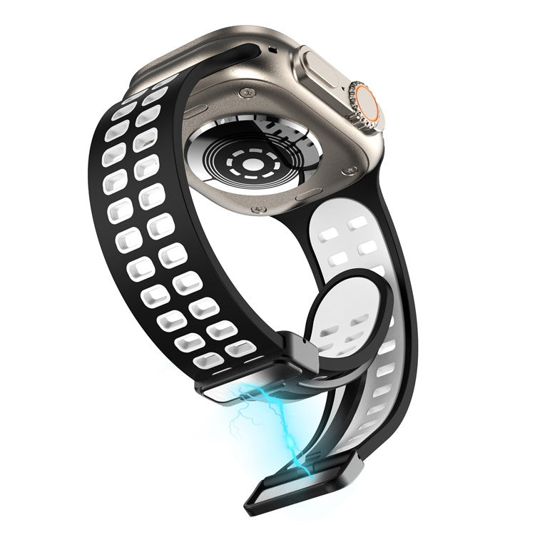 Silicone Watch Band for Apple Watch Series 10 46mm / Ultra 2 Ultra 49mm / Series 9 8 7 45mm / 6 5 4 SE (2023) SE (2022) SE 44mm / 3 2 1 42mm Magnetic Folding Buckle Dual Color Strap - Black / White