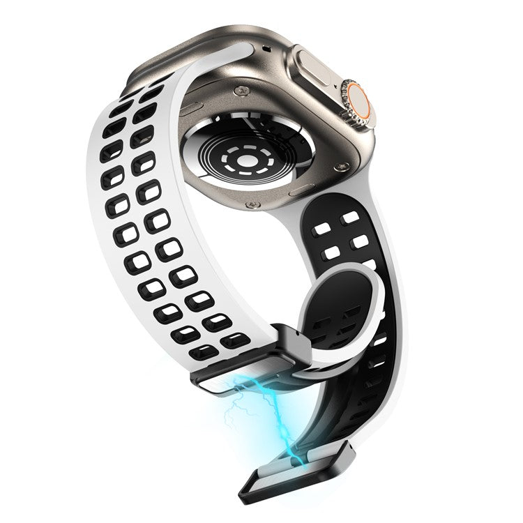 Silicone Watch Band for Apple Watch Series 10 46mm / Ultra 2 Ultra 49mm / Series 9 8 7 45mm / 6 5 4 SE (2023) SE (2022) SE 44mm / 3 2 1 42mm Magnetic Folding Buckle Dual Color Strap - White / Black