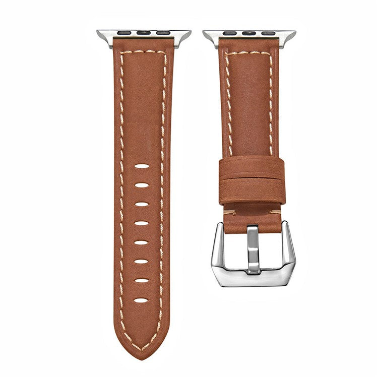 For Apple Watch Series 10 46mm / Ultra 2 Ultra 49mm / Series 9 8 7 45mm / 6 5 4 SE (2023) SE (2022) SE 44mm / 3 2 1 42mm Watch Band Genuine Leather Silver Buckle Replacement Strap - Matte Brown