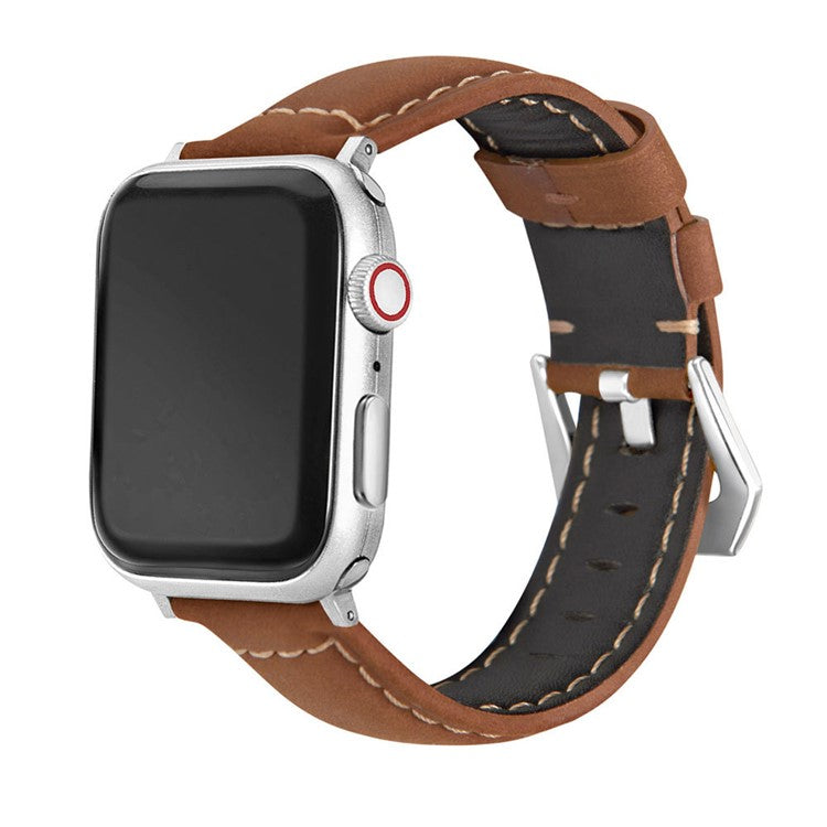 For Apple Watch Series 10 46mm / Ultra 2 Ultra 49mm / Series 9 8 7 45mm / 6 5 4 SE (2023) SE (2022) SE 44mm / 3 2 1 42mm Watch Band Genuine Leather Silver Buckle Replacement Strap - Matte Brown