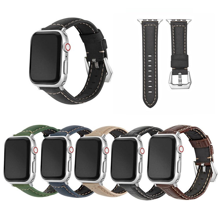 For Apple Watch Series 10 46mm / Ultra 2 Ultra 49mm / Series 9 8 7 45mm / 6 5 4 SE (2023) SE (2022) SE 44mm / 3 2 1 42mm Watch Band Genuine Leather Silver Buckle Replacement Strap - Matte Brown