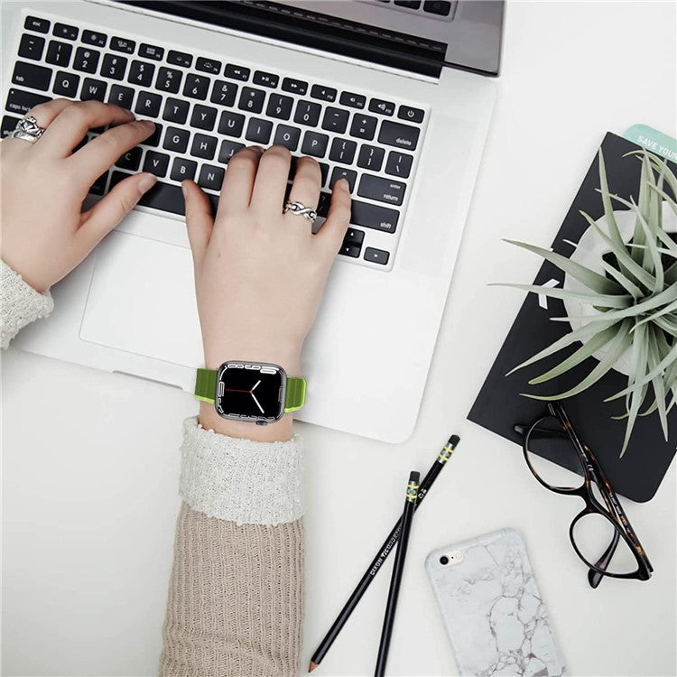 Silicone Watch Band for Apple Watch Series 10 42mm / 9 8 7 41mm / SE (2023) SE (2022) SE 6 5 4 40mm / 3 2 1 38mm Dual Color Adjustable Magnetic Strap - Black / Yellow