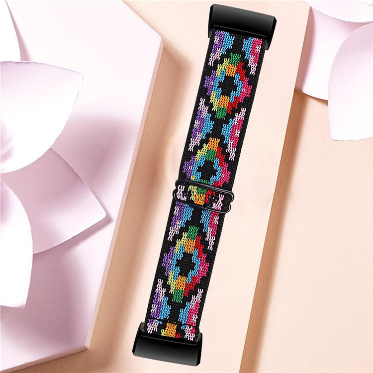 Watch Strap with Black Connector for Fitbit Charge 4 / 3 / 3 SE , Elastic Nylon Pattern Printing Smart Bracelet Band - Style G