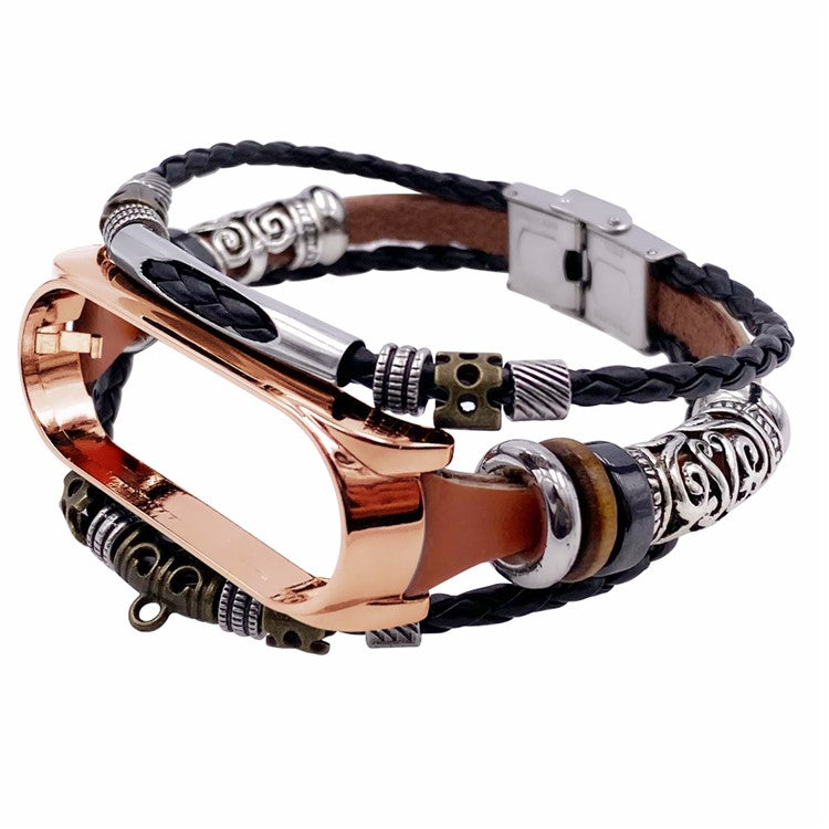 For Xiaomi Mi Band 7 / 7 NFC Leather Watch Band Ethnic Beaded Wrist Strap with Metal Watch Case - Brown / Rose Gold Case