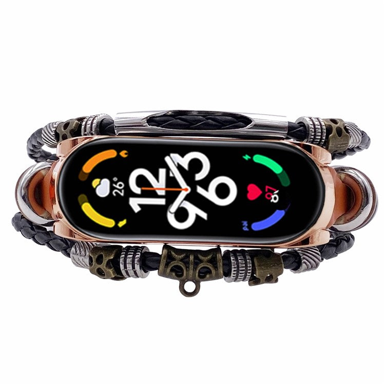 For Xiaomi Mi Band 7 / 7 NFC Leather Watch Band Ethnic Beaded Wrist Strap with Metal Watch Case - Brown / Rose Gold Case