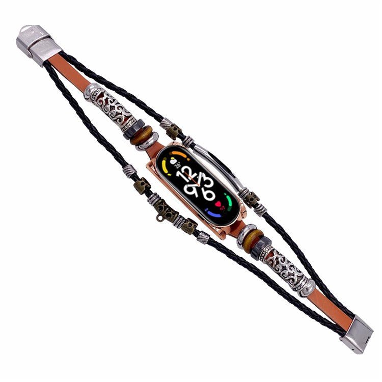 For Xiaomi Mi Band 7 / 7 NFC Leather Watch Band Ethnic Beaded Wrist Strap with Metal Watch Case - Brown / Rose Gold Case