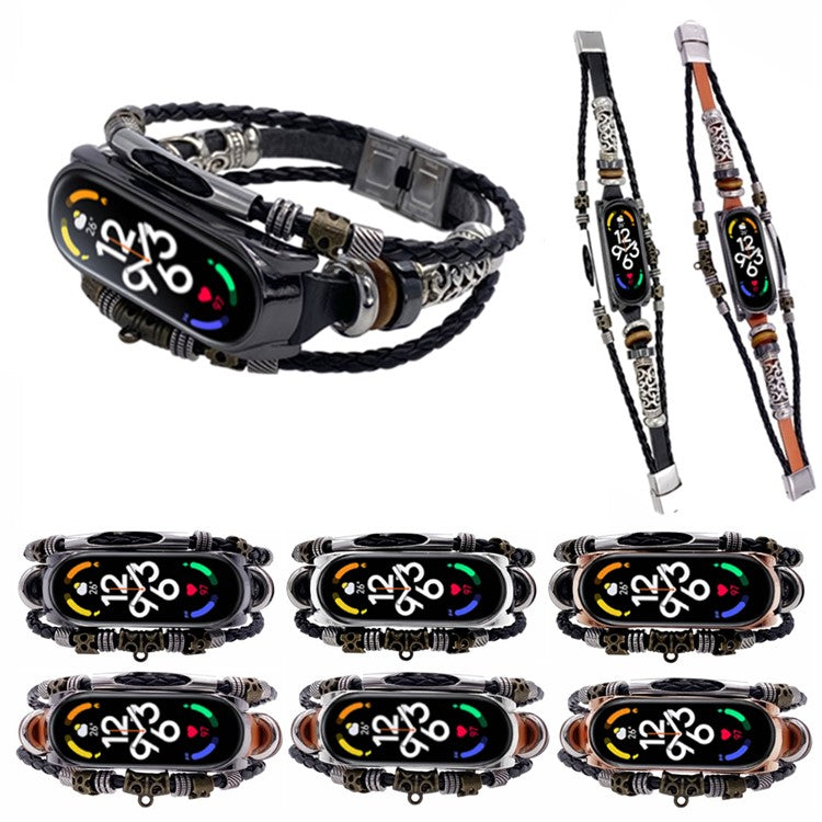 For Xiaomi Mi Band 7 / 7 NFC Leather Watch Band Ethnic Beaded Wrist Strap with Metal Watch Case - Brown / Rose Gold Case