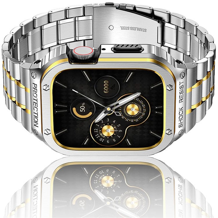 For Apple Watch Series 6 / 5 / 4 / SE (2022) / SE 44mm 5 Beads Metal Watch Strap Integral Watch Band with Case - Silver / Gold