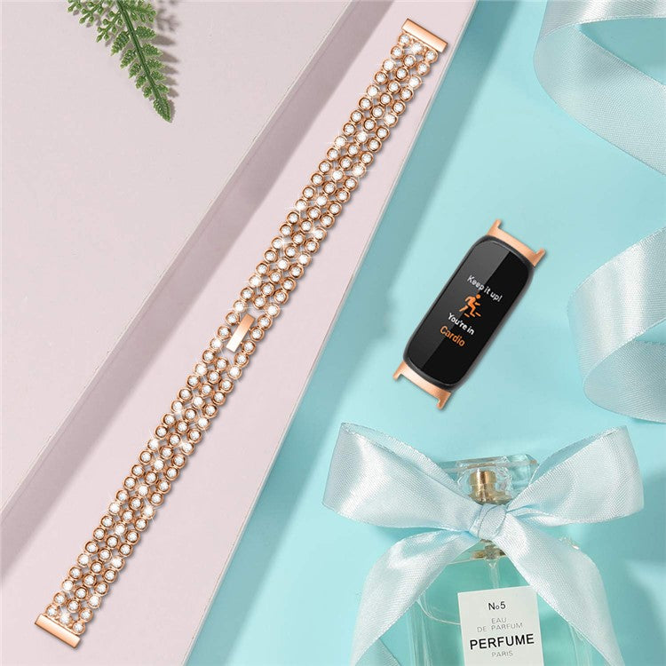 For Fitbit Inspire 3 Rhinestone Decor Alloy Wrist Strap Replacement Smartwatch Band - Rose Gold