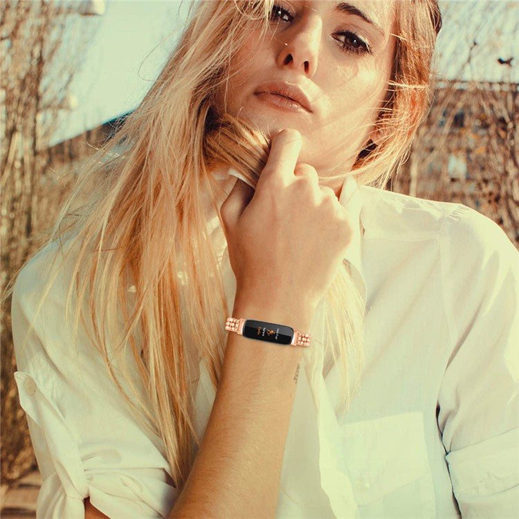 For Fitbit Inspire 3 Rhinestone Decor Alloy Wrist Strap Replacement Smartwatch Band - Rose Gold