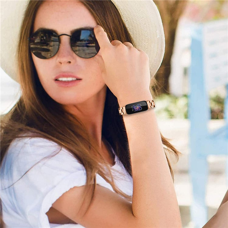 Wrist Strap for Fitbit Inspire 3 Stainless Steel 3 Beads Replacement Smart Watch Band - Rose Gold