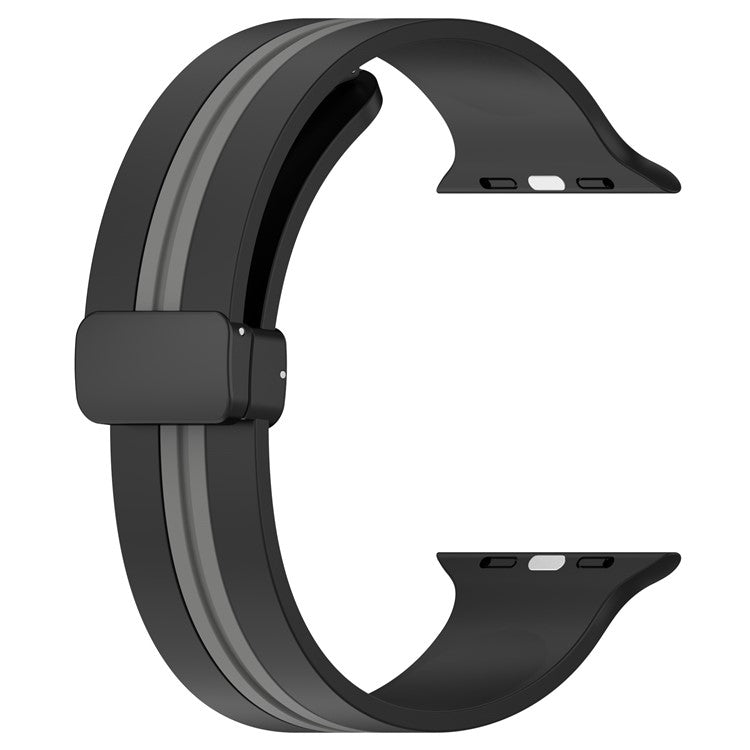 Waxy Cowhide Leather Watchband for Apple Watch Series 10 42mm / 9 8 7 41mm / SE (2023) SE (2022) SE 6 5 4 40mm / 3 2 1 38mm Bi-Color Silicone Strap Magnetic Buckle - Black / Grey