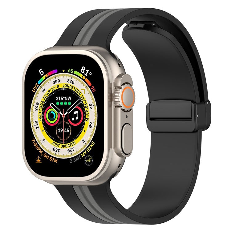 Waxy Cowhide Leather Watchband for Apple Watch Series 10 42mm / 9 8 7 41mm / SE (2023) SE (2022) SE 6 5 4 40mm / 3 2 1 38mm Bi-Color Silicone Strap Magnetic Buckle - Black / Grey