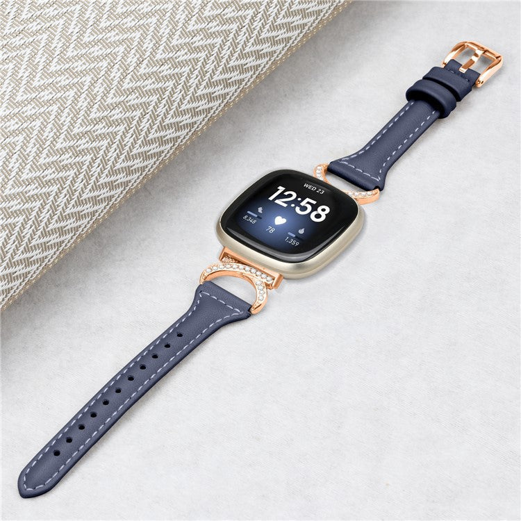 Genuine Cowhide Leather Watch Band for Fitbit Versa 3 / Versa 4 / Sense / Sense 2 , Rhinestone Decor Wristband Strap with Rose Gold Buckle - Ink Blue