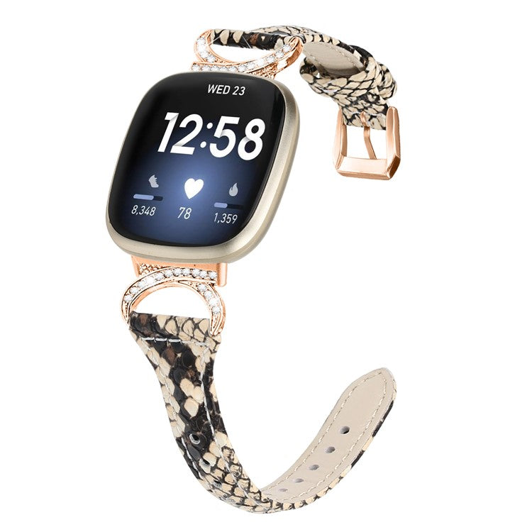 Genuine Cowhide Leather Watch Band for Fitbit Versa 3 / Versa 4 / Sense / Sense 2 , Rhinestone Decor Wristband Strap with Rose Gold Buckle - Snake Pattern