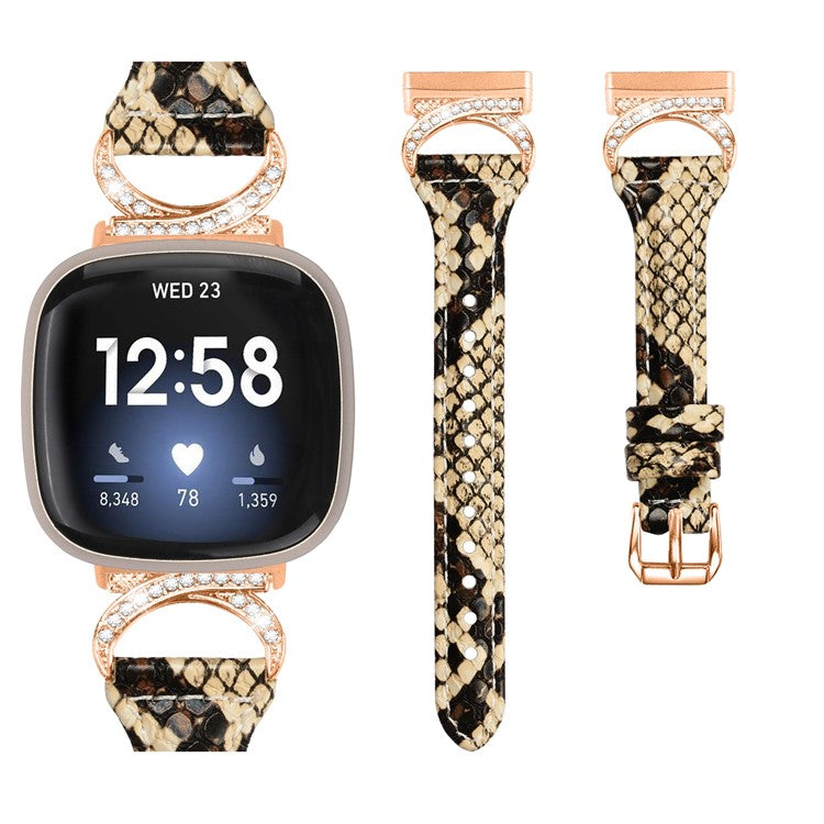 Genuine Cowhide Leather Watch Band for Fitbit Versa 3 / Versa 4 / Sense / Sense 2 , Rhinestone Decor Wristband Strap with Rose Gold Buckle - Snake Pattern