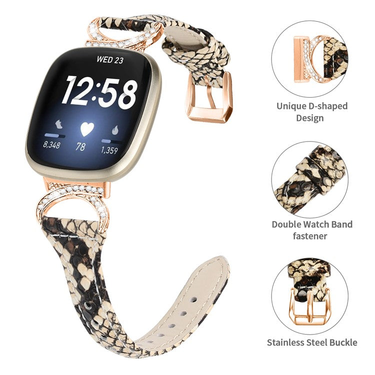 Genuine Cowhide Leather Watch Band for Fitbit Versa 3 / Versa 4 / Sense / Sense 2 , Rhinestone Decor Wristband Strap with Rose Gold Buckle - Snake Pattern