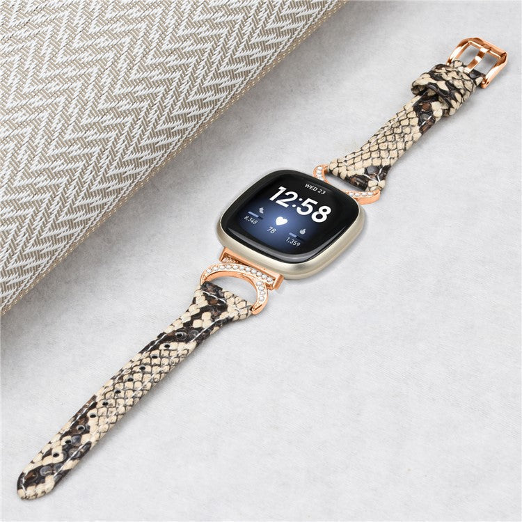 Genuine Cowhide Leather Watch Band for Fitbit Versa 3 / Versa 4 / Sense / Sense 2 , Rhinestone Decor Wristband Strap with Rose Gold Buckle - Snake Pattern