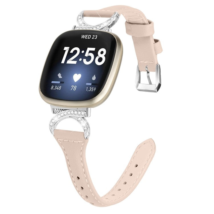 For Fitbit Versa 3 / Versa 4 / Sense / Sense 2 Watch Band Rhinestone Genuine Cowhide Leather Strap with Silver Buckle - Apricot