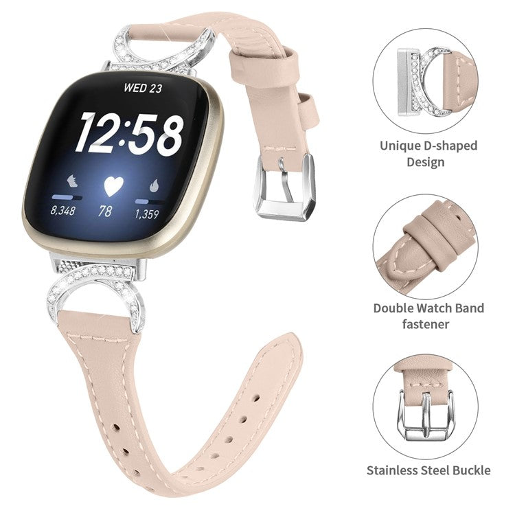 For Fitbit Versa 3 / Versa 4 / Sense / Sense 2 Watch Band Rhinestone Genuine Cowhide Leather Strap with Silver Buckle - Apricot
