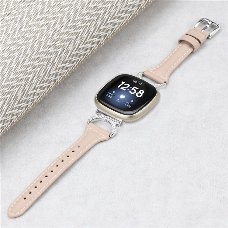 For Fitbit Versa 3 / Versa 4 / Sense / Sense 2 Watch Band Rhinestone Genuine Cowhide Leather Strap with Silver Buckle - Apricot