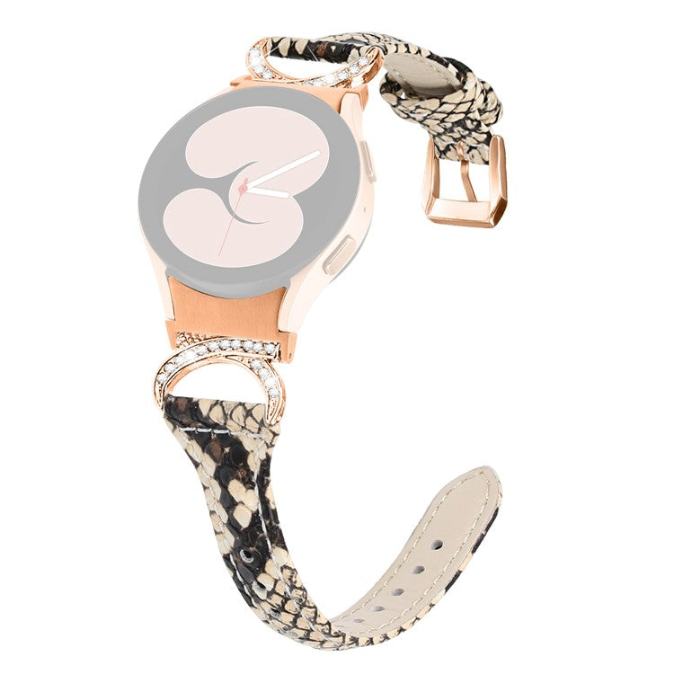 For Samsung Galaxy Watch6 40mm 44mm / Watch6 Classic 43mm 47mm / Watch 5 40mm 44mm / Watch4 40mm 44mm Leather Watch Band Rhinestone Wrist Strap with Rose Gold Buckle - Snake Pattern