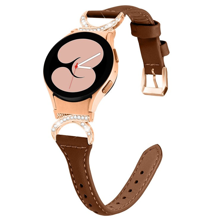 For Samsung Galaxy Watch6 40mm 44mm / Watch6 Classic 43mm 47mm / Watch 5 40mm 44mm / Watch4 40mm 44mm Leather Watch Band Rhinestone Wrist Strap with Rose Gold Buckle - Brown