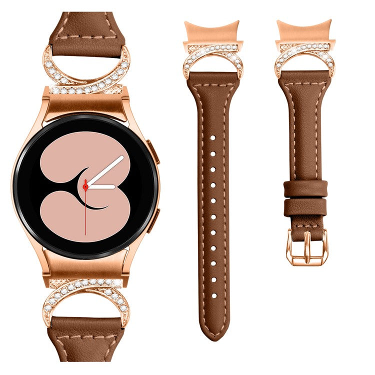 For Samsung Galaxy Watch6 40mm 44mm / Watch6 Classic 43mm 47mm / Watch 5 40mm 44mm / Watch4 40mm 44mm Leather Watch Band Rhinestone Wrist Strap with Rose Gold Buckle - Brown