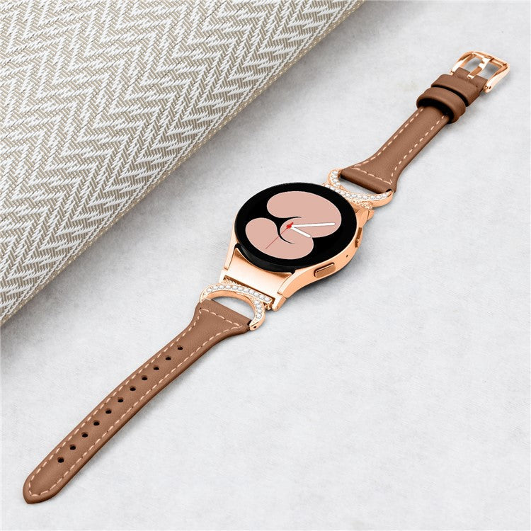 For Samsung Galaxy Watch6 40mm 44mm / Watch6 Classic 43mm 47mm / Watch 5 40mm 44mm / Watch4 40mm 44mm Leather Watch Band Rhinestone Wrist Strap with Rose Gold Buckle - Brown