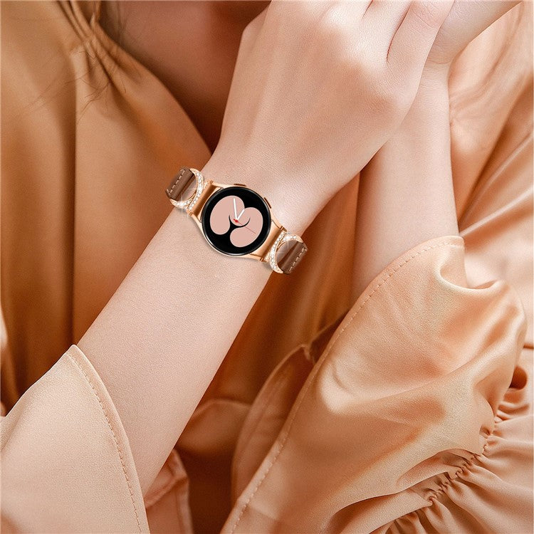 For Samsung Galaxy Watch6 40mm 44mm / Watch6 Classic 43mm 47mm / Watch 5 40mm 44mm / Watch4 40mm 44mm Leather Watch Band Rhinestone Wrist Strap with Rose Gold Buckle - Brown