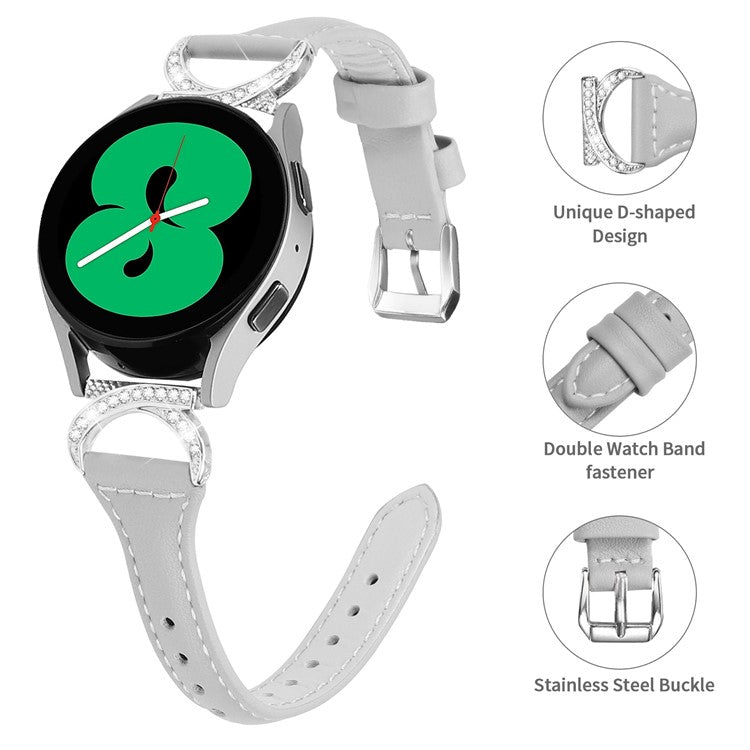 For Samsung Galaxy Watch 3 41mm / Watch6 40mm 44mm / Watch6 Classic 43mm 47mm / Watch 5 40mm 44mm / Watch4 40mm 44mm Leather Watch Band 20mm Wrist Strap with Silver Buckle - Grey