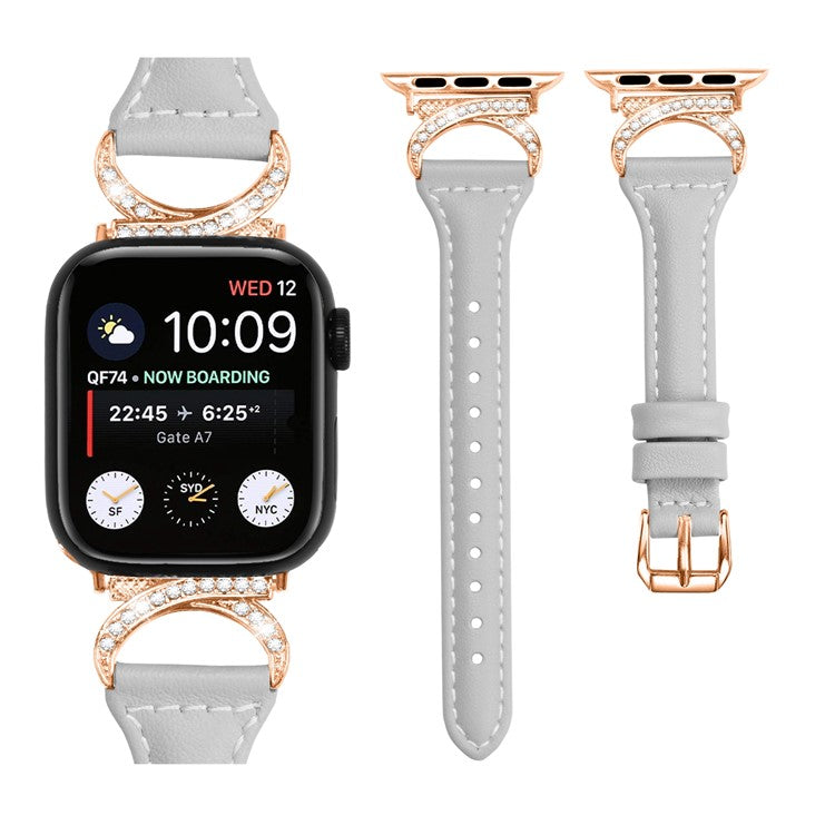 Band for Apple Watch Series 10 46mm / Ultra 2 Ultra 49mm / Series 9 8 7 45mm / 6 5 4 SE (2023) SE (2022) SE 44mm / 3 2 1 42mm Genuine Cowhide Leather Watch Strap with Rose Gold Buckle - Grey