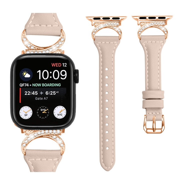 Band for Apple Watch Series 10 46mm / Ultra 2 Ultra 49mm / Series 9 8 7 45mm / 6 5 4 SE (2023) SE (2022) SE 44mm / 3 2 1 42mm Genuine Cowhide Leather Watch Strap with Rose Gold Buckle - Apricot