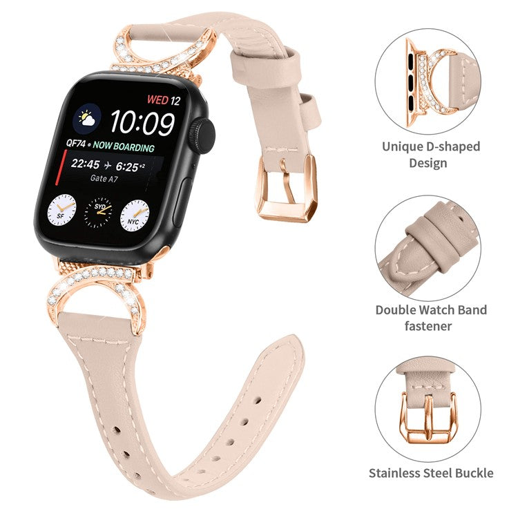 Band for Apple Watch Series 10 46mm / Ultra 2 Ultra 49mm / Series 9 8 7 45mm / 6 5 4 SE (2023) SE (2022) SE 44mm / 3 2 1 42mm Genuine Cowhide Leather Watch Strap with Rose Gold Buckle - Apricot