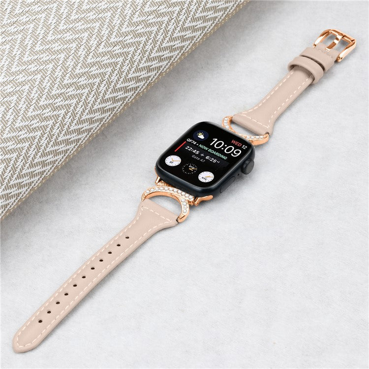 Band for Apple Watch Series 10 46mm / Ultra 2 Ultra 49mm / Series 9 8 7 45mm / 6 5 4 SE (2023) SE (2022) SE 44mm / 3 2 1 42mm Genuine Cowhide Leather Watch Strap with Rose Gold Buckle - Apricot
