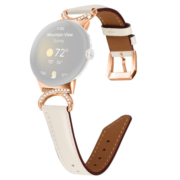 For Google Pixel Watch 2 / Pixel Watch Wrist Band Rhinestone Decor D-shape Connector Split Leather Strap with Rose Gold Buckle - Apricot