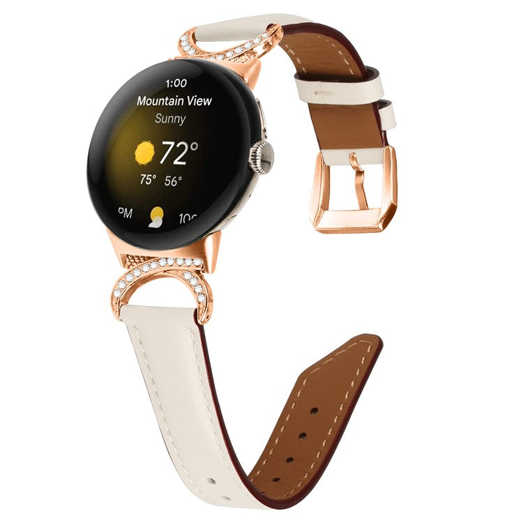 For Google Pixel Watch 2 / Pixel Watch Wrist Band Rhinestone Decor D-shape Connector Split Leather Strap with Rose Gold Buckle - Apricot