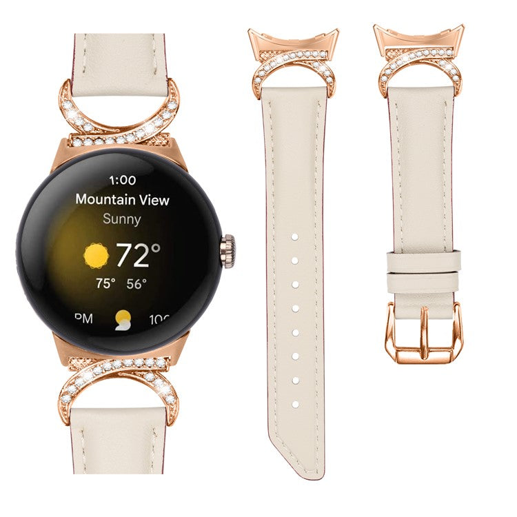 For Google Pixel Watch 2 / Pixel Watch Wrist Band Rhinestone Decor D-shape Connector Split Leather Strap with Rose Gold Buckle - Apricot