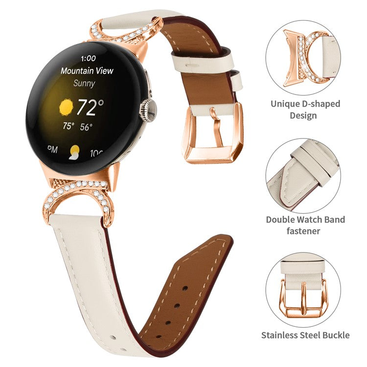 For Google Pixel Watch 2 / Pixel Watch Wrist Band Rhinestone Decor D-shape Connector Split Leather Strap with Rose Gold Buckle - Apricot