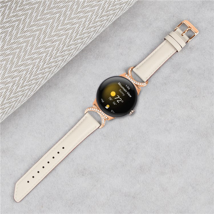For Google Pixel Watch 2 / Pixel Watch Wrist Band Rhinestone Decor D-shape Connector Split Leather Strap with Rose Gold Buckle - Apricot