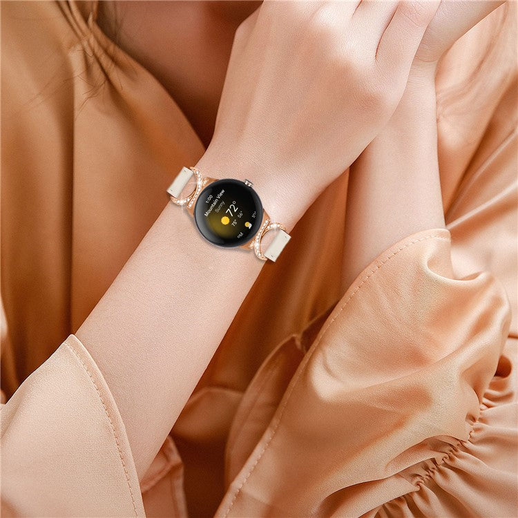 For Google Pixel Watch 2 / Pixel Watch Wrist Band Rhinestone Decor D-shape Connector Split Leather Strap with Rose Gold Buckle - Apricot